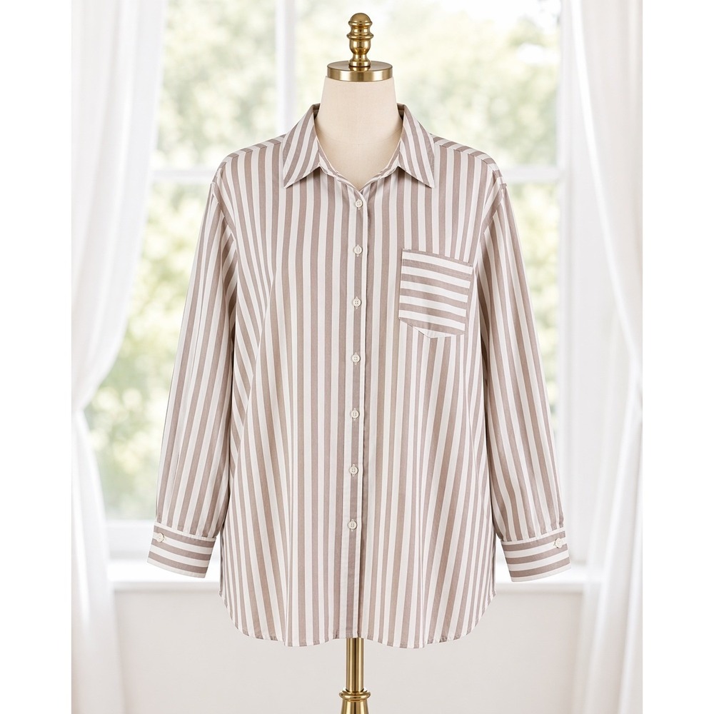 Martha Stewart Signature Petite Woven Button-Front Tunic Shirt 3XP Taupe Stripe